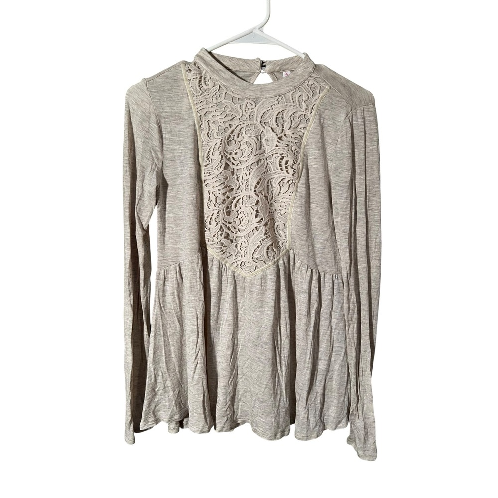 Xhilaration Women's Size XS Knit Swing Top Heather Oatmeal Beige Crochet Long